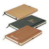 Three notebooks with hard covers in brown, black, and tan, featuring logos and elastic closures.