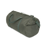 A green duffel bag with sturdy handles and a zippered compartment. It features a simple design and has a logo.
