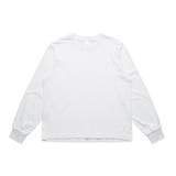 A white long-sleeve tee with a relaxed fit and cuffed sleeves. It features a logo on the fabric.