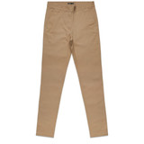 A pair of khaki slacks with a smooth finish, featuring a waistband and pockets. Includes a logo.