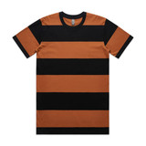 A striped tee featuring alternating broad bands of burnt orange and black. The shirt has a round neckline and short sleeves.