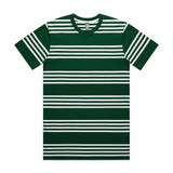 A green and white striped t-shirt featuring a logo on the label. Casual and stylish design.