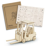A wooden model of a forklift with an assembly kit, featuring a tan colour and intricate cut-out pieces.
