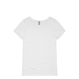 A white shallow scoop tee featuring a classic short-sleeve design and a branding logo on the label.