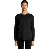 A black long-sleeve tee with a rounded hem, featuring a logo on the front.
