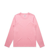 A pink long-sleeve tee with a crew neck and a logo on the label. Plain design, suitable for casual wear.