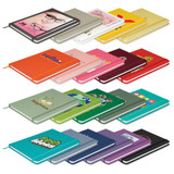 A collection of various notebooks in vibrant colours, each featuring unique designs and a logo on some covers.