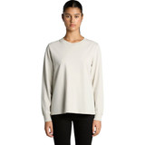 A light grey long-sleeve t-shirt with a relaxed fit and a logo visible on the garment.