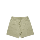 A pair of light green sports shorts featuring an elastic waistband and drawstring. It has a logo.