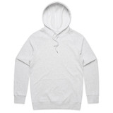 A light grey hoodie with a drawstring hood and a front pocket, featuring a logo on the chest.