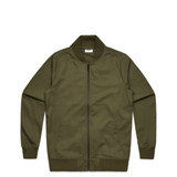 An olive green bomber jacket with a zip front and collar. The jacket has long sleeves and a simple design.