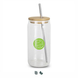 A clear glass tumbler with a bamboo lid and stainless steel straw, featuring a green logo. A clear glass tumbler with a bamboo lid and stainless steel straw, featuring a green logo.