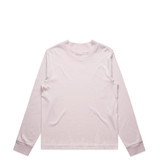 A long-sleeve t-shirt in light pink with a simple design and a branding logo.