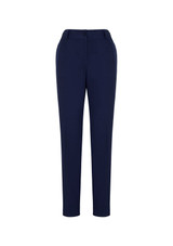 Navy women's slacks with a bandless elastic waist, featuring side pockets and a tailored fit. Includes a branding logo.