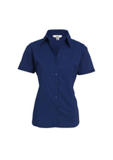 A navy blue women's short sleeve button-up shirt with a collared neckline and buttons down the front.