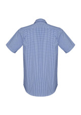 A short sleeve button-up shirt in blue with a checkered pattern, featuring a rear view design.