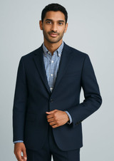 A navy blue men's blazer features a classic two-button design, paired with a checkered shirt. The model poses confidently.