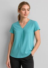 A turquoise blouse featuring a V-neck and pleat detail, with short sleeves and a relaxed fit.