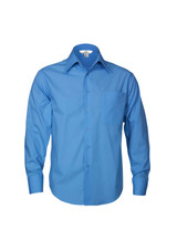 A men's long sleeve button-up shirt in light blue, featuring a single chest pocket and a collar.
