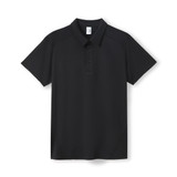 A black men's polo shirt made from polyester, featuring a collar and a logo.