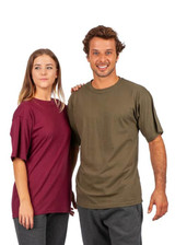 A unisex T-shirt in olive green worn by a man and a burgundy T-shirt worn by a woman, both with a logo.