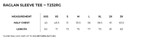 A table displaying size measurements for a raglan sleeve tee, including half chest and length in various sizes.