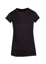 A black Women's Accelerator Cool-Dry T-shirt with short sleeves and a simple design. It features a logo.