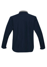 A navy jacket with a contrasting grey collar, featuring long sleeves and a sleek design. It has a logo on the back.