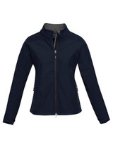 A soft shell jacket in navy blue with a zippered front and side pockets, featuring a logo on the chest.