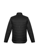 A black puffer jacket with a quilted design and a high collar, featuring a logo.
