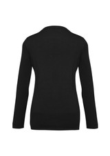 A black women's Milano cardigan with long sleeves, featuring a simple design and a logo on the back.