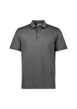 A grey men's short sleeve polo shirt featuring a collar and a logo.