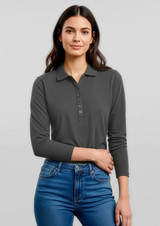 A long sleeve polo shirt in grey, featuring a buttoned placket and a fitted design.