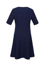 A navy blue women's dress with an extended short sleeve and a flared skirt, featuring a back zipper and a logo.