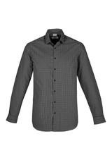 A black and white checked long sleeve button-up shirt featuring a collar and a logo.