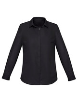 A black long sleeve button-up shirt for women with a collar and a front placket. Includes a logo.