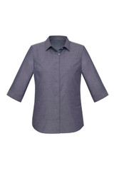 A grey women's button-up shirt with a 3/4 sleeve design and a collar, featuring a logo on the side.