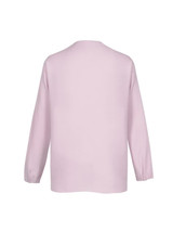 A light pink hi-lo blouse with long sleeves and a relaxed fit, featuring a simple design and a brand logo.