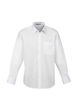 A white long sleeve button-up shirt featuring a single chest pocket and a collar. The shirt has a logo present.