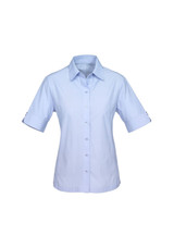 A light blue short sleeve button-up shirt with rolled cuffs and a subtle logo.