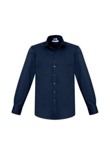 A navy long sleeve button-up shirt with a single chest pocket and a collar. It features a logo on the label.