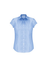 A light blue women's short sleeve button-up shirt with a fitted design and a collar. It features a logo on the label.