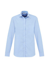 A light blue, long sleeve button-up shirt featuring a pocket and a logo.