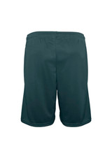 A pair of dark green sports shorts with an elastic waistband and no visible logos.