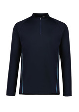 A unisex mid-layer top in navy with a zip collar and light blue detailing, featuring a logo.