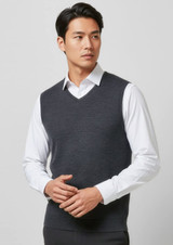 A grey Milano men's vest is displayed on a model, featuring a V-neck design and a fitted silhouette.