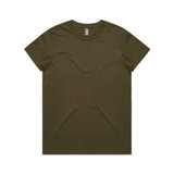 A plain olive green T-shirt featuring a logo on the neckline, displayed flat against a white background.