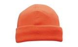 A luminescent safety beanie in bright orange, featuring a folded brim and a plain design.