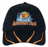 A black cap with a two-tone orange peak, featuring an embroidered design and logo on the front.
