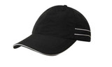 A black microfibre sports cap featuring white piping, with a soft visor and an adjustable strap at the back.